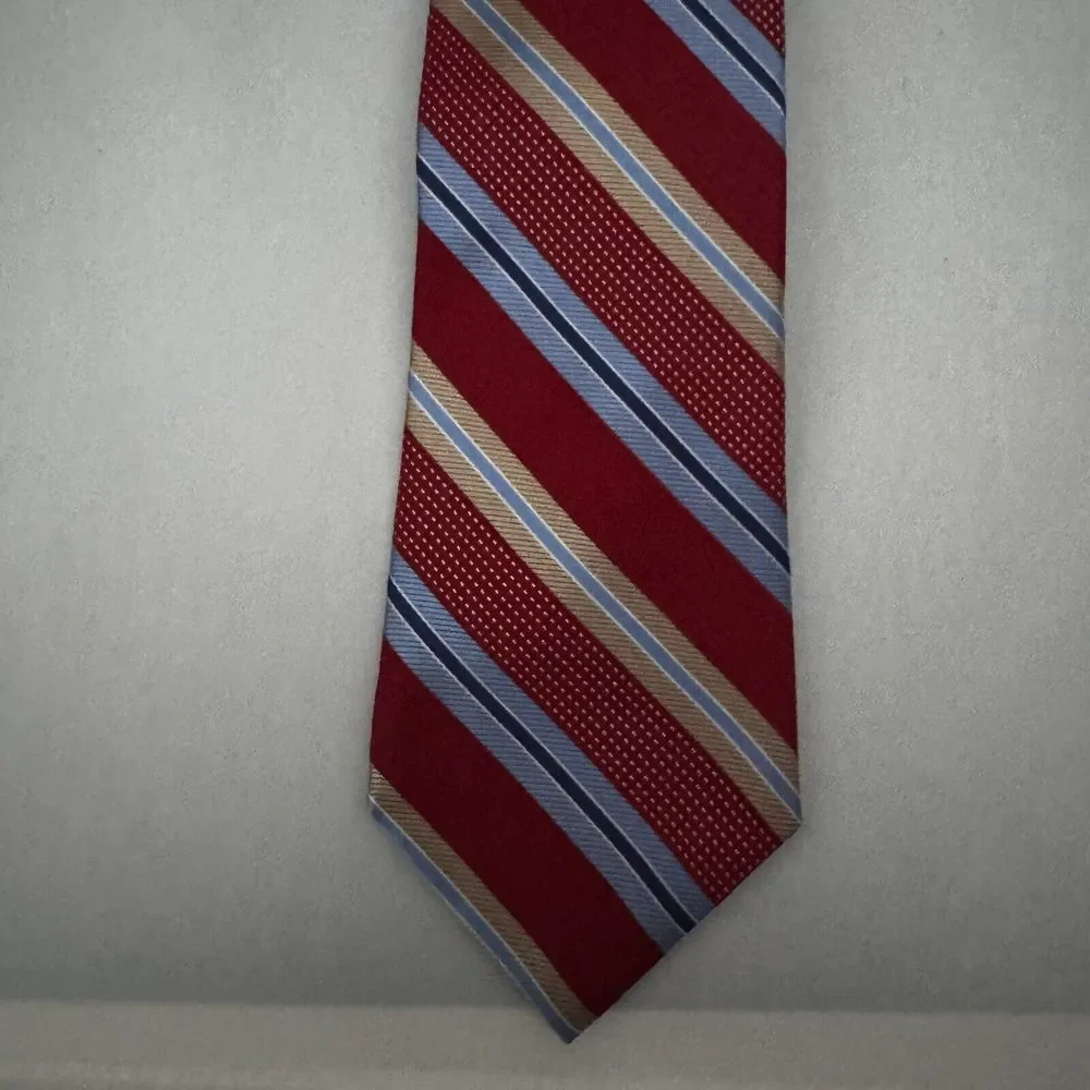 CREMIEUX MENS TIE‎ RED WITH TAN, NAVY AND LIGHT BLUE STRIPES